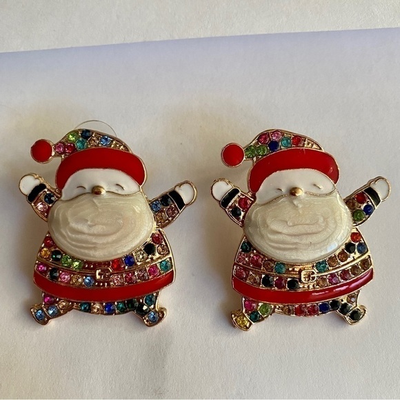 Santa Holiday Rhinestone Pierced Enamel Earrings - Picture 8 of 8